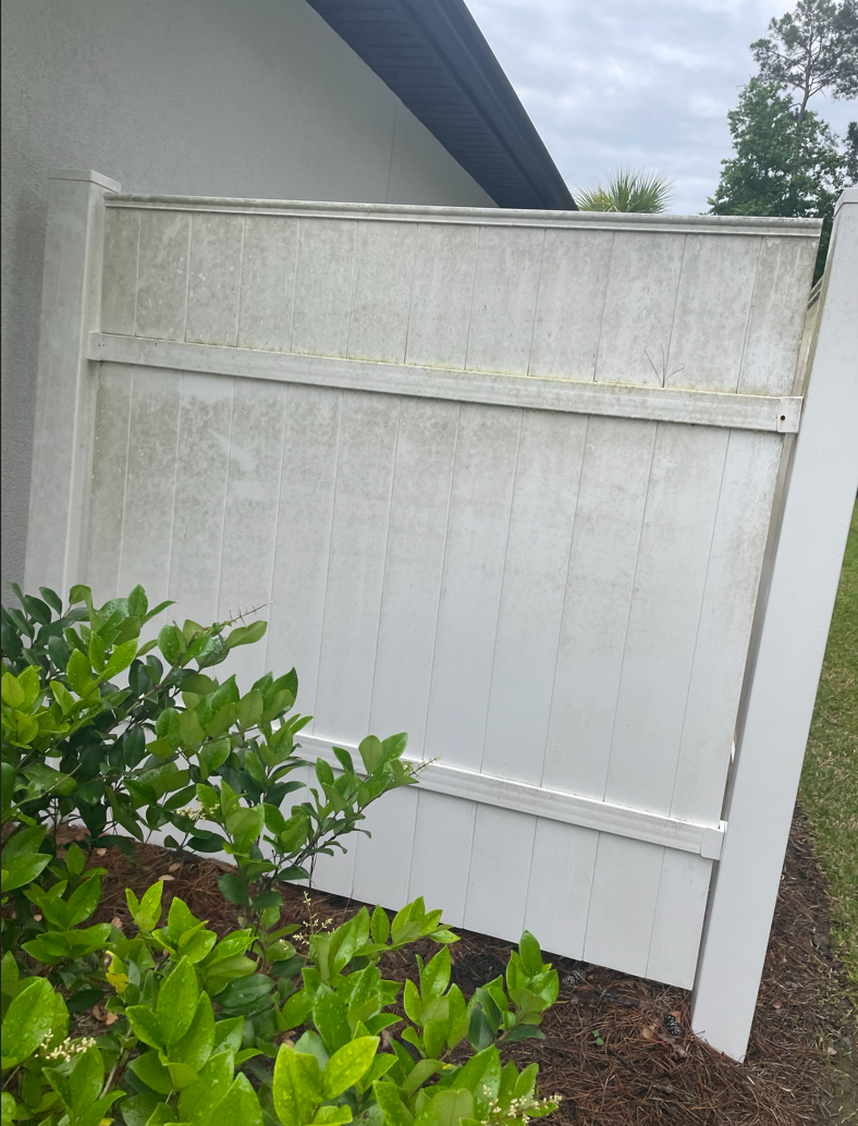 Vinyl fence before cleaning with visible mildew and staining